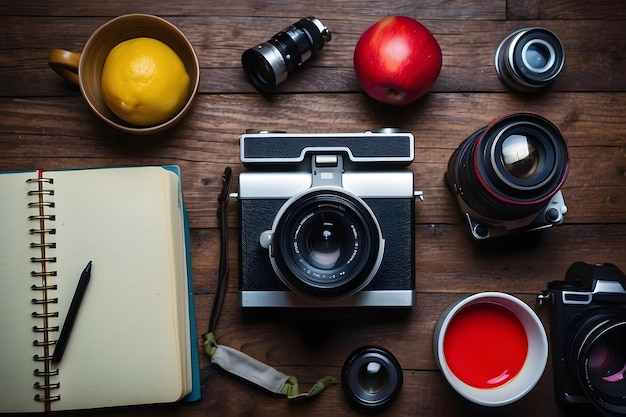 Notebook zwischen verschiedenen Vorräten und Fotokamera