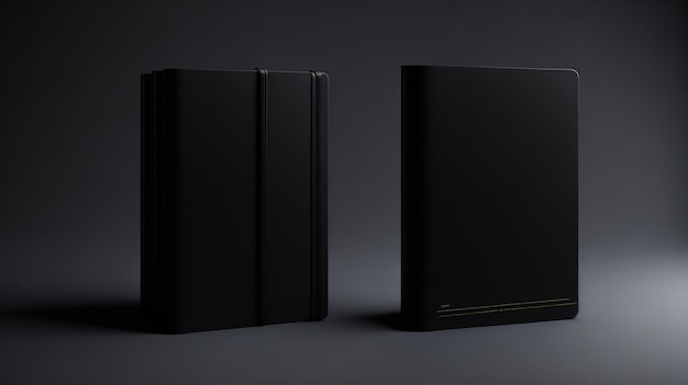 Foto notebooks-mockup mit schwarzem element auf schwarzem hintergrund