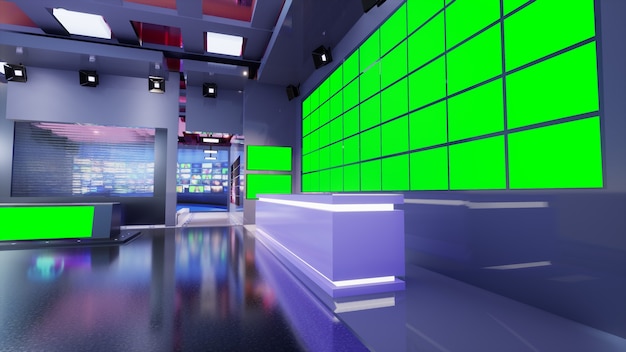 Foto noticias de 3d virtual tv studio con pantalla verde, ilustración 3d