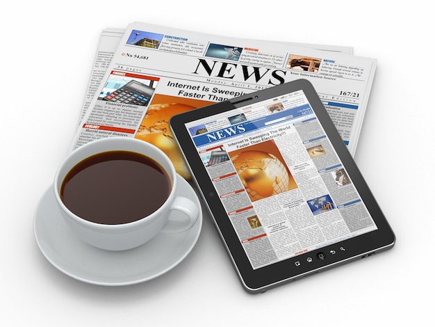 Noticias de la mañana. Tablet pc, periódico y taza de café