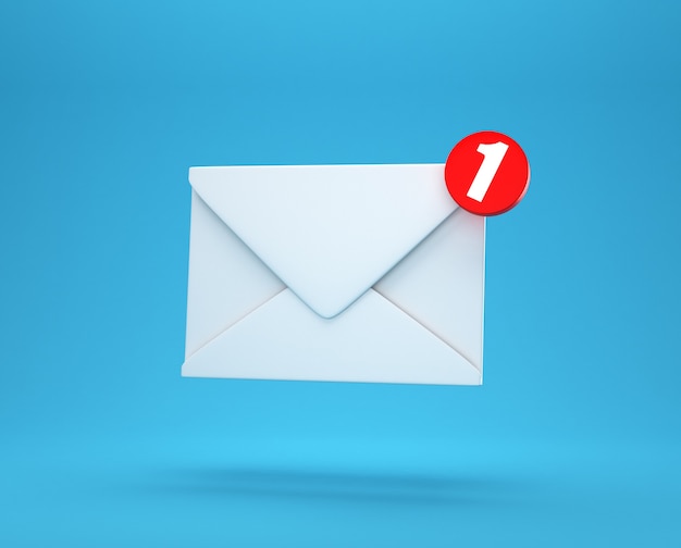 Notificação por e-mail: uma nova mensagem de e-mail no conceito de caixa de entrada isolada em um fundo azul com renderização 3d de sombra