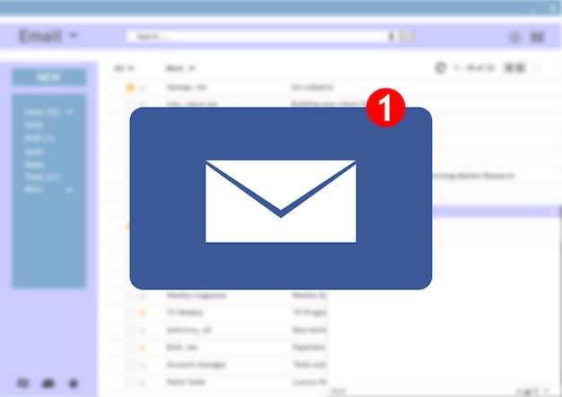 Foto notificación de la bandeja de entrada del mensaje de correo electrónico en el fondo de la pantalla borrosa