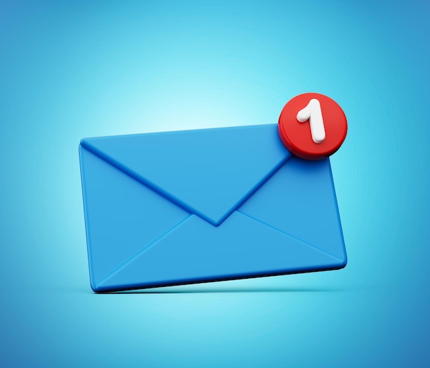 notificación de correo 3d un nuevo mensaje de correo electrónico en el concepto de bandeja de entrada aislado sobre fondo azul 3d