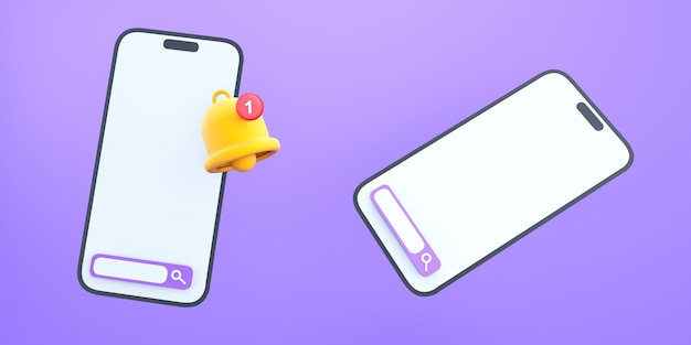 notificación de pantalla móvil en render 3d de fondo púrpura