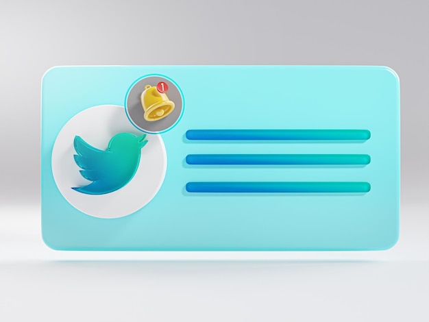 Notificación de Twitter Teléfono Pop Up Tarjeta de campana Aplicación de redes sociales 3D Render