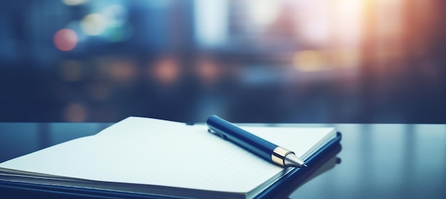 Notizblock auf einem Tisch mit Stift vor dem Treffen mit dem blauen Geschäftskonzept mit Kopierraum