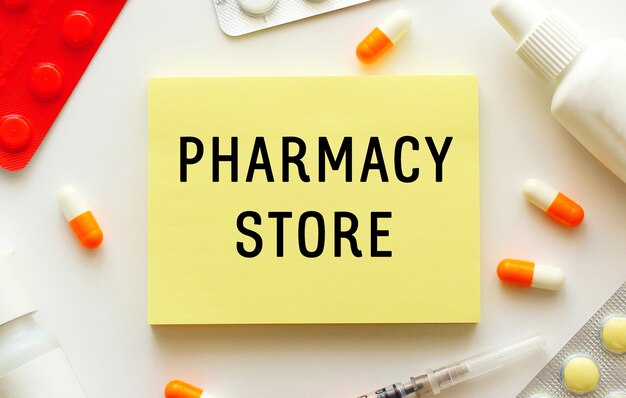 Notizblock mit Text PHARMACY STORE