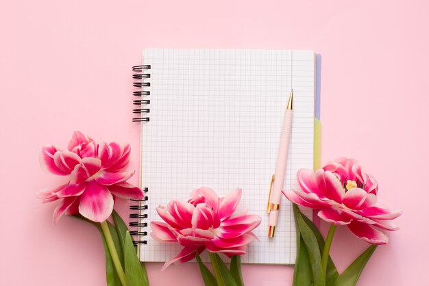 Notizbuch auf einer Spirale mit einem leeren weißen Blatt, Stift und rosa Tulpen auf einer pastellrosa Oberfläche