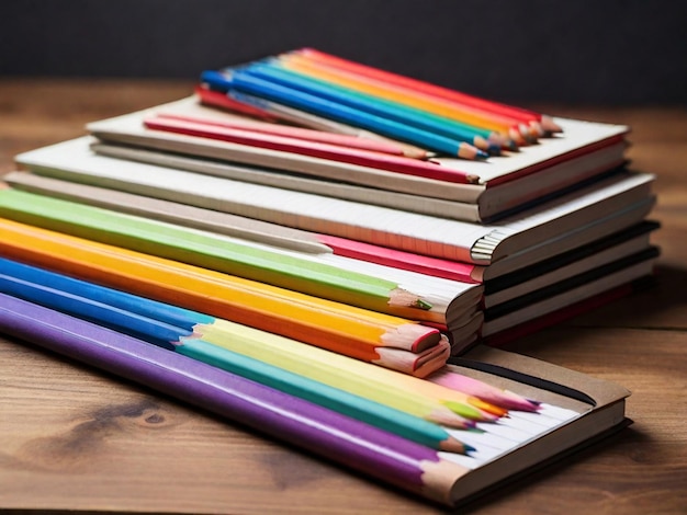 Notizbücher mit bunten Bleistiften auf einem Holzschreibtisch