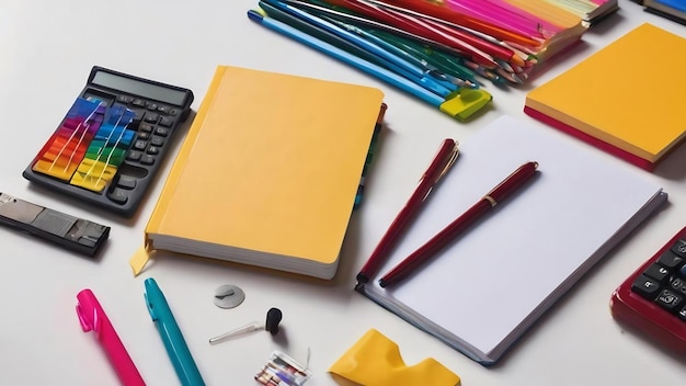 Notizbücher und farbige Papiere Aufkleber liegen auf einem weißen Schreibtisch mehrere verschiedene Sammlung Bürostation