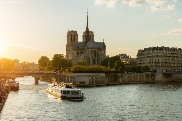 Notre dame de paris mit kreuzfahrtschiff auf der seine in paris, frankreich