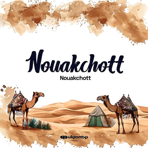 Nouakchott-Text mit handgeschriebener Pinselschrift Typografie Des Aquarell Lanscape Arts Collection
