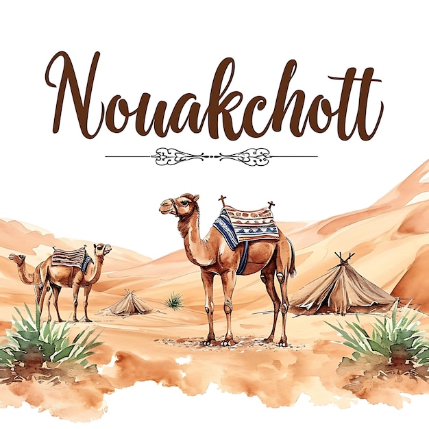 Nouakchott-Text mit handgeschriebener Pinselschrift Typografie Des Aquarell Lanscape Arts Collection