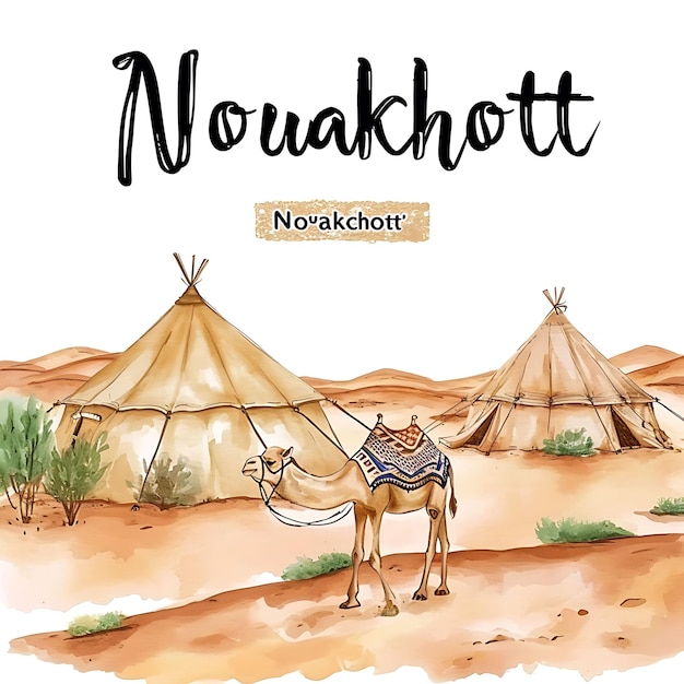 Nouakchott-Text mit handgeschriebener Pinselschrift Typografie Des Aquarell Lanscape Arts Collection