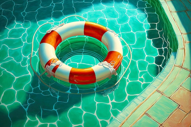 Nova bóia salva-vidas brilhante flutua na água turquesa clara da piscina
