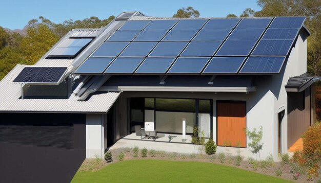 Nova casa suburbana com um sistema fotovoltaico no telhado Casa passiva moderna ecológica com tão