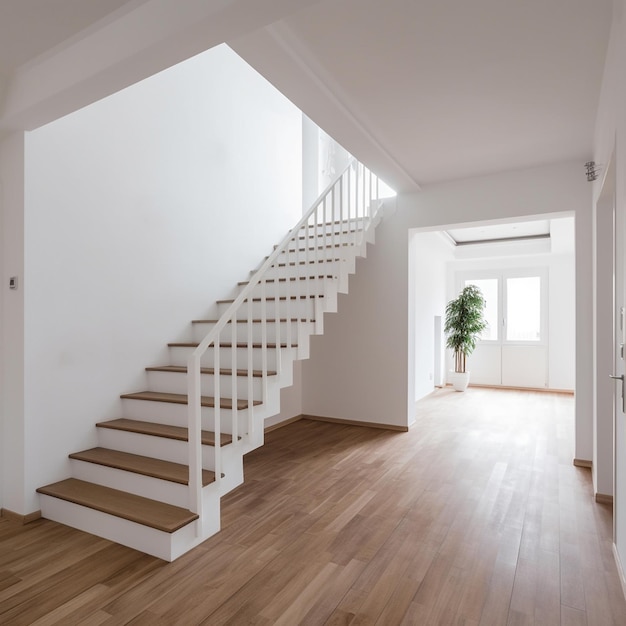 Nova casa vazia moderna com escadas de madeira Interior da elegante escada de entrada da casa de luxo