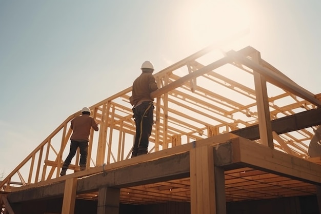 Nova construção de casa Moldura de madeira com poste de treliça e vigas Generative AI