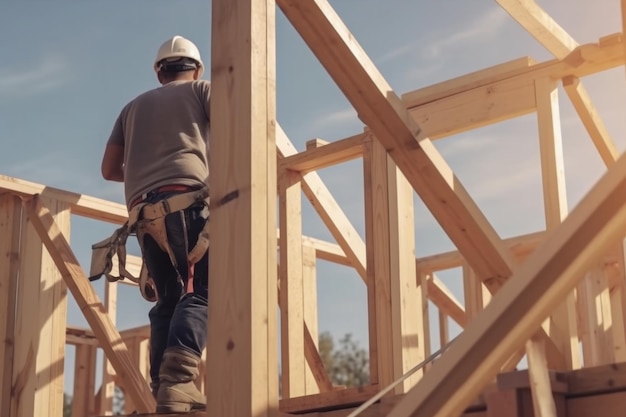 Nova construção de casa Moldura de madeira com poste de treliça e vigas Generative AI