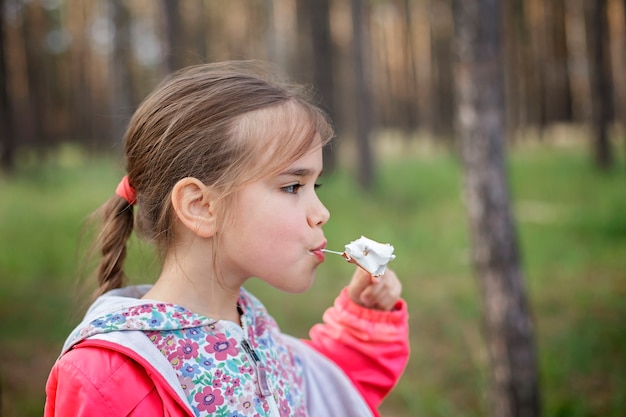 Nova etapa de fuga normal, caminhada pela natureza selvagem e recreação familiar ao ar livre. Crianças cozinhando e provando marshmallows fritos no fogo, caminhada no fim de semana, estilo de vida