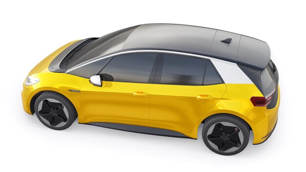 Nova geração de carro elétrico amarelo hatchback de cidade com ilustração 3d de alcance estendido