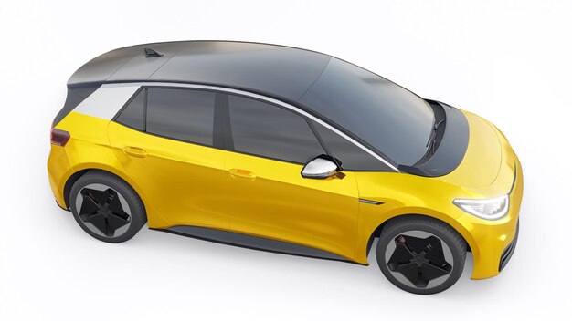 Nova geração de carro elétrico amarelo hatchback de cidade com ilustração 3d de alcance estendido