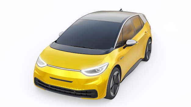 Nova geração de carro elétrico amarelo hatchback de cidade com ilustração 3d de alcance estendido