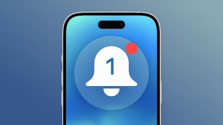 Foto nova notificação no smartphone e sino com o número 1 em um fundo azul