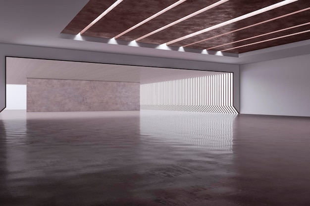 Nova sala de concreto espaçosa com local de simulação na parede Sala de exposições renderização em 3D