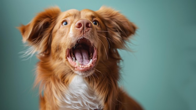 Nova Scotia Duck Tolling Retriever perro enojado mostrando sus dientes iluminación de estudio fondo pastel