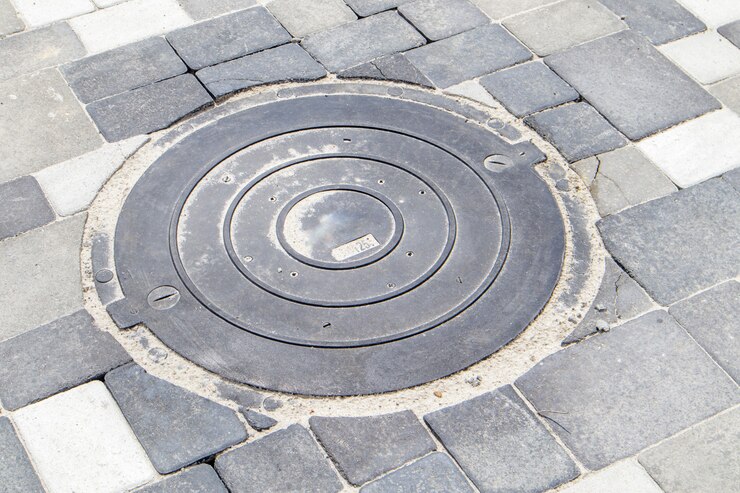 Nova tampa de esgoto de plástico na calçada forrada com lajes cinza. O conceito de esgoto, comunicações subterrâneas. Instalação de uma nova escotilha de esgoto. Indústria de construção.