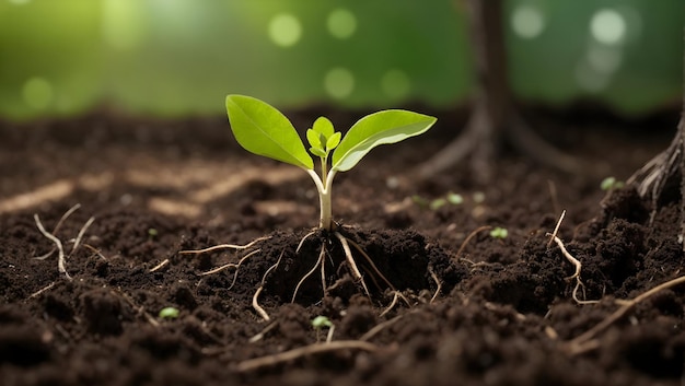 Nova vida com uma única muda brotando do solo e suas raízes alcançando profundamente o solo