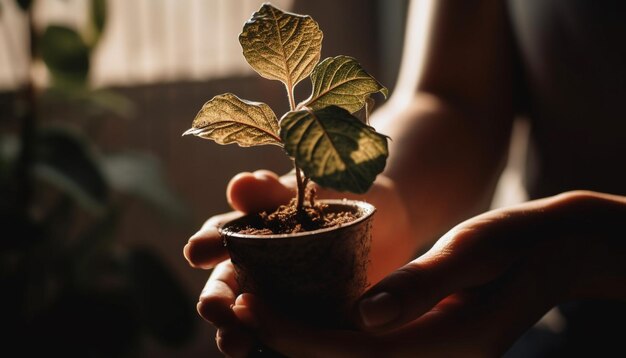 Nova vida cresce nas mãos da natureza, simbolizando a conservação ambiental gerada pela inteligência artificial