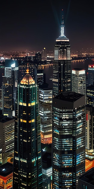 Foto nova vista aérea de uma cidade movimentada à noite com arranha-céus iluminados, ruas movimentadas e vibrações