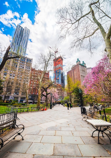 Nova York, EUA - 24 de abril de 2015: Bancos no City Hall Park em Lower Manhattan, Nova York, EUA. Arranha-céus ao fundo. Turistas ao fundo