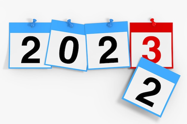 Novas folhas de calendário do conceito de início do ano de 2023 com renderização em 3d de sinal de ano novo de 2023