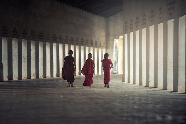 Novato budista está caminando en el templo, Myanmar