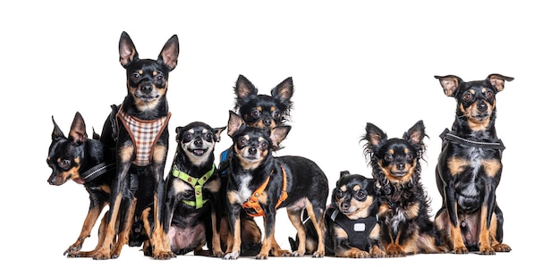 Nove cães pinscher com arnês e coleira