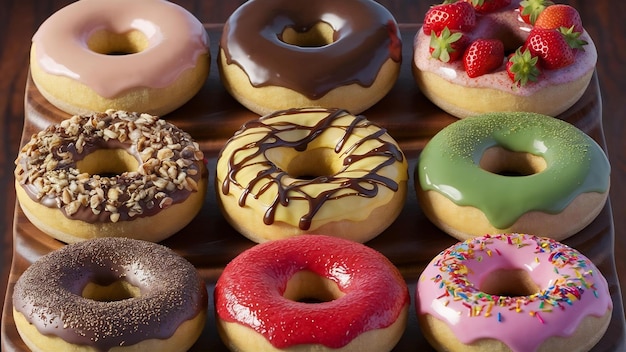 Nove donuts doces coloridos