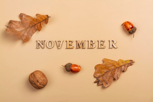 Novemberhintergrund mit trockenen Blättern, Eicheln und Walnuss