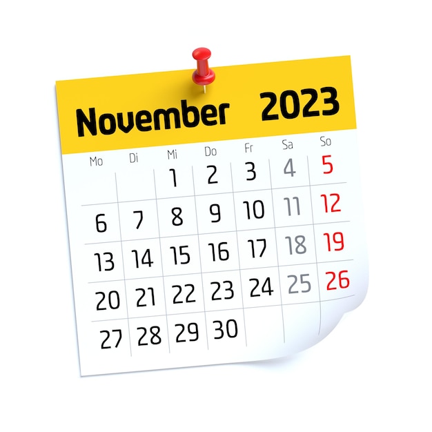 Novemberkalender 2023 in deutscher Sprache isoliert auf weißem Hintergrund 3D-Darstellung