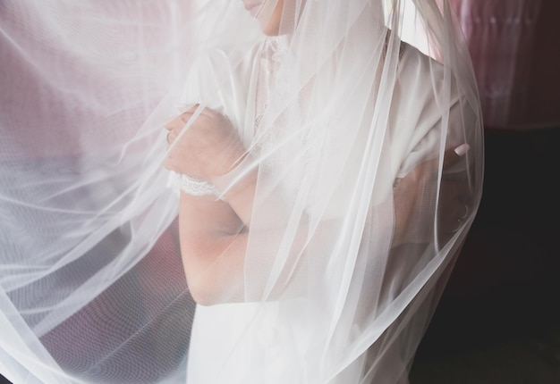 La novia se abraza a sí misma Vestido de encaje y velo largo Detalles del día de la boda Foto elegante de la mañana