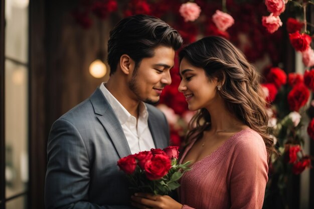 La novia abrazando a su novio vista frontal con una hermosa flor