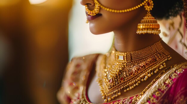 Foto una novia adornada con joyas tradicionales de oro, incluyendo un collar, pendientes y pulseras, los diseños intrincados y el oro radiante simbolizan la herencia cultural y la celebración.