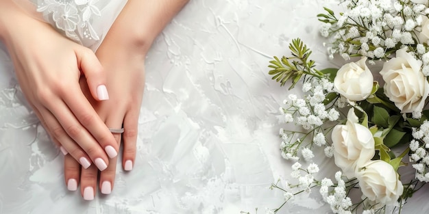 La novia adornada con un ramo de rosas blancas en la ceremonia de bodas