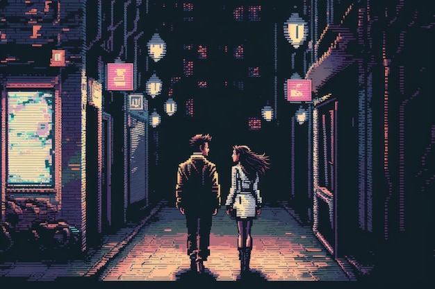 Novia de arte de 16 bits caminando con su novio en la ciudad IA generativa