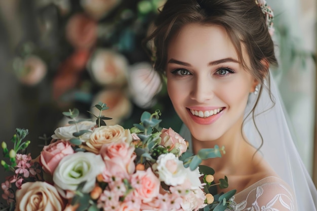 Foto la novia de la boda de lujo posando y sonriendo con un ramo