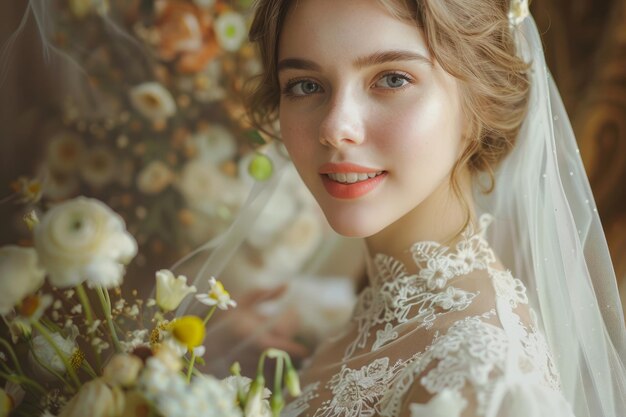 Foto la novia de la boda de lujo posando y sonriendo con un ramo