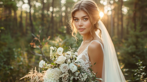 Novia en un bosque al atardecer con un ramo de novia