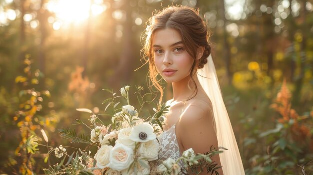 Novia en un bosque al atardecer con un ramo de novia